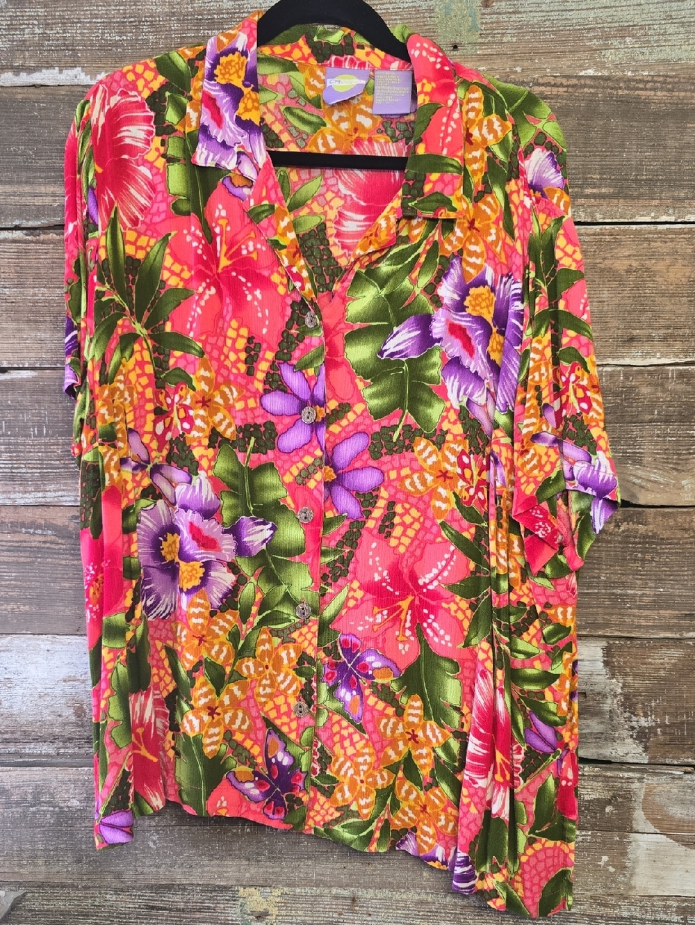 CM Shapes Vibrant Pink Floral Button-Up Top, Size 2X